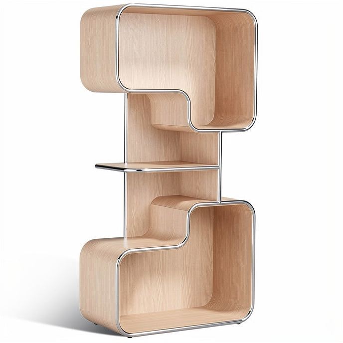 **Title:** Modern Sculptural Bookshelf with Curved Design and Metal Frame