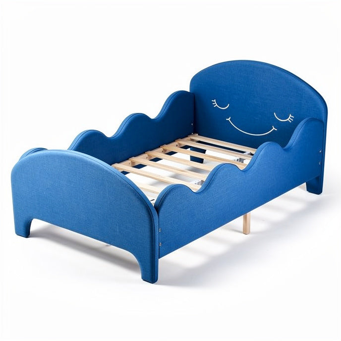 **Children's Blue Scalloped Bed with Smiling Design**