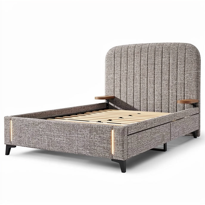 **Modern Upholstered Bed Frame with Wood Slats and LED Accent Lighting**