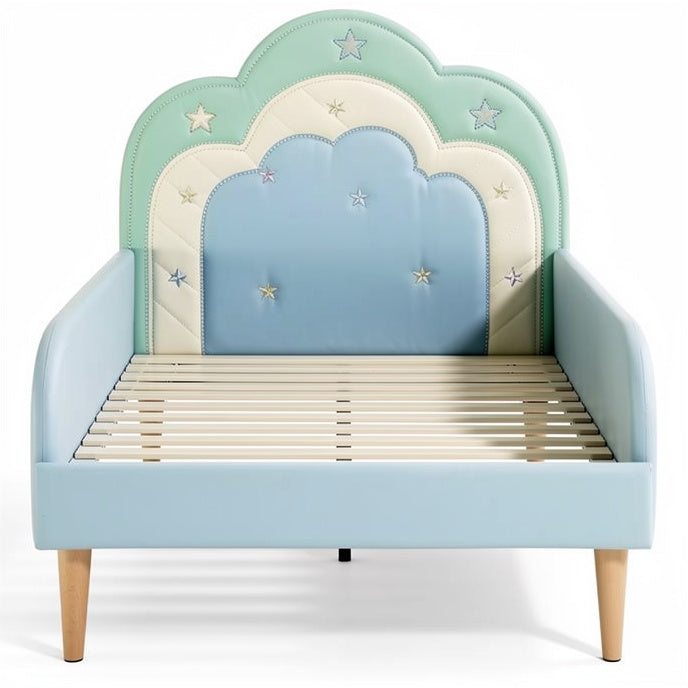 **Technical Title: Elegant Cloud-Themed Children's Bed with Star Accents and Wooden Slats**