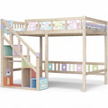 **Stylish Wooden Loft Bed with Colorful Character Designs and Storage Steps**