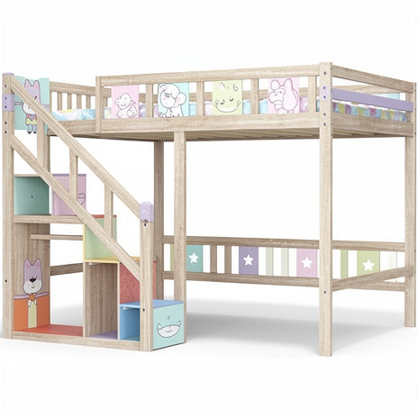 **Stylish Wooden Loft Bed with Colorful Character Designs and Storage Steps**