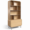 **Modern Wooden Bookshelf with Open Shelves and Storage Drawer**