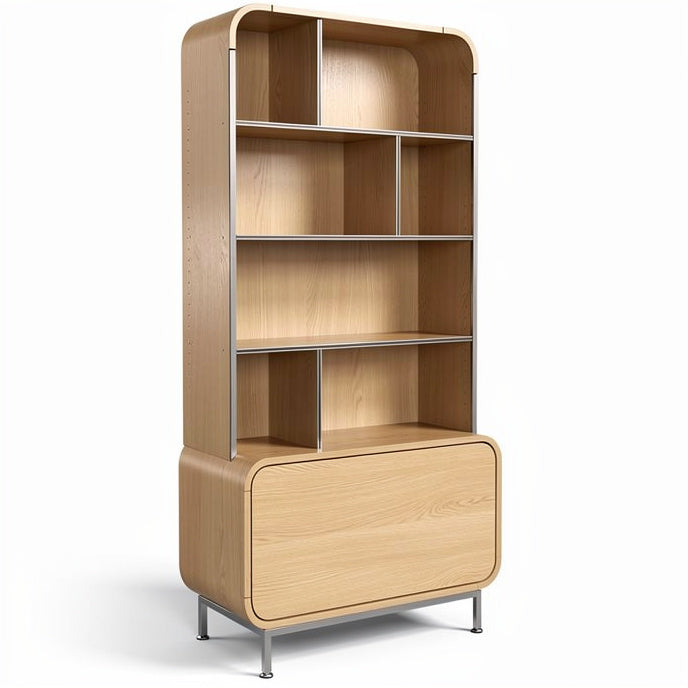 **Modern Wooden Bookshelf with Open Shelves and Storage Drawer**